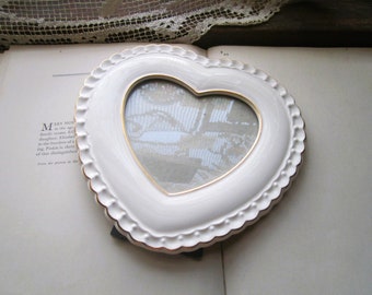 Lg Vintage Ceramic Heart Frame, Ivory w Gold Trim, Glass Heart Window, Retro Romantic Love, Home Decor, Vintage Wedding Anniversary Ideas