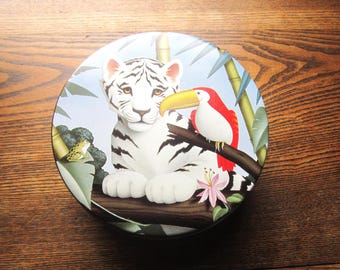 Vintage Jungle Tin, White Tiger Tin, Artist Alan Metz