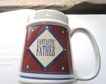 1980's Fantastic Father Stein Coffee Mug, 16 oz Vintage Coffee Cup, 1980's Screen Printed Fonts, Start Up Mug, Large Ceramic Brown Blue Mug