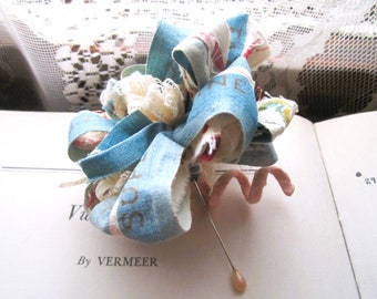 Handmade Shabby Chic Fabric Flower Corsage, Vintage Textile Art