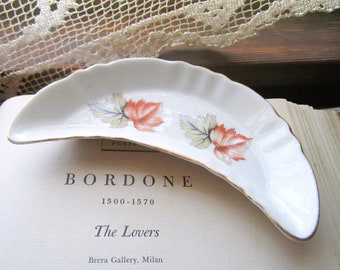 1950's Bone Dish, Pretty Ring Drawer Storage, Vintage Gold Trim Crescent Shaped Trinket Dish, Maple Leaves, Artistic Repurpose Ideas, China