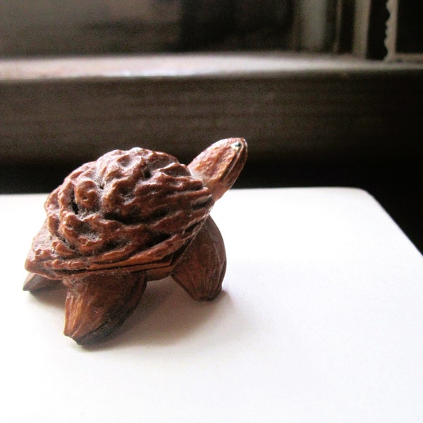 Vintage Walnut Turtle, Wood Carved Rhinoceros, Two Small Unlikely Pair, Hand Carved Turtle w Rhino, Strength Guidance Tenacious, Art Project