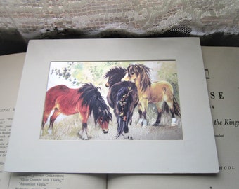 Vintage Horse art, 1980's Sweet Airbrush Print, Metallic, Silvery Tones, Three Horses, Nature Animal Art, Fancy Prairie Horses, 6 x 8 Art