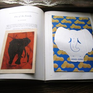 Vintage Elephant Art, 2 Cards, Vintage Hallmark STUFF card, 1970&#39;s Fabric Elephant, Peanuts & Blue Skies, Fabric Block Screen Print Mixed