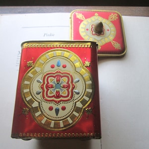 Vintage Tin Box, 1960&#39;s Brightly Colored Tin, Finial Top, Theatrical Theme, Circus Kaleidoscope Design, Red Gold Silver Blue, Large Tin Box