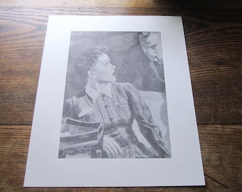 Vintage Black and White Student Art Print, Man and Women, Study Illustration, 1970's, Suitable for Framing 9 x 11