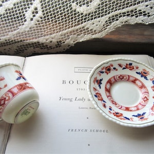 1940&#39;s Espresso Cup w Saucer, Royal Doulton  The Berkshire, Made in England, Iron Red, Cobalt Blue Floral Cream, Demitasse, Pattern V2020