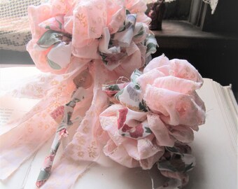 Handmade Vintage Fabric Flower Pom, Pink Flocked 1950s Bouquet