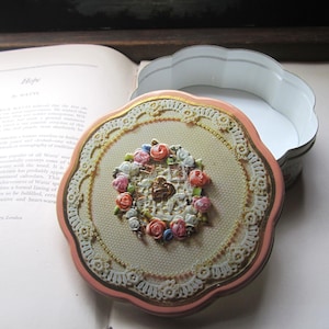 1980's Romantic Tin Box, Round Tin, Embossed Flowers, Scallop edges, Cream Coral Colors, Pretty Shabby Chic Storage, Vintage 1981 Avon Tin