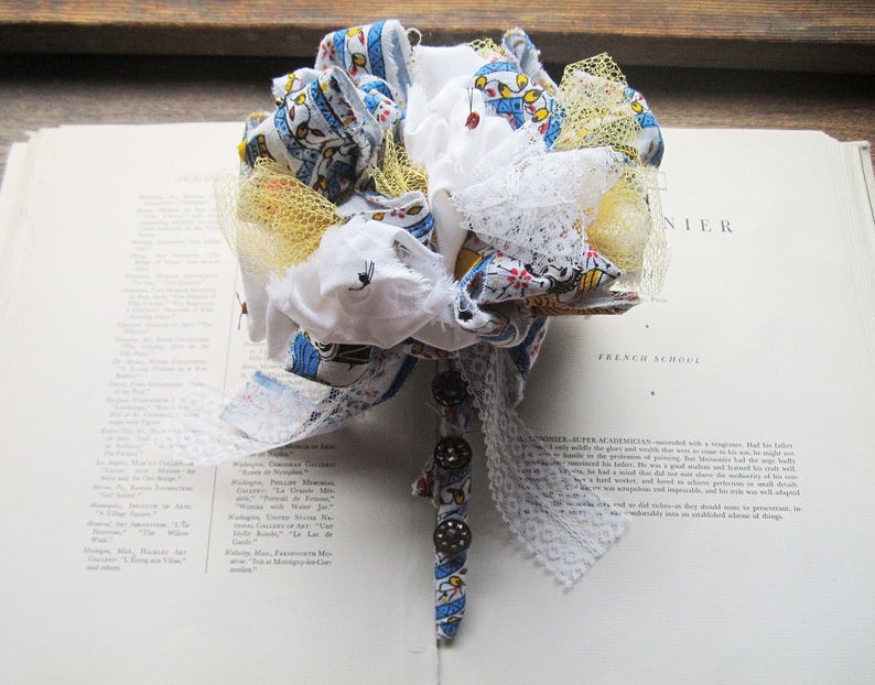 Music Deities Cultural Textile India Fabric Wedding Bouquet Prayer OOAK Handmade Flowers