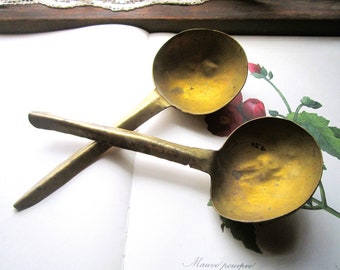 Vintage Ladles, Hand Forged Brass Ladle Spoons, Two Old Used Brass Rice/Soup Serving Spoons, Unmarked Brass, Large Bowl, 10" Cook, Serve