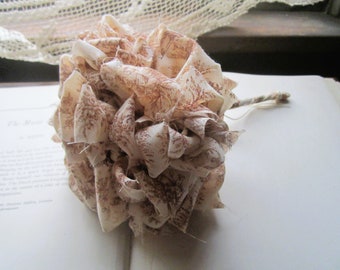 Vintage Fabric Pom Bouquet, Handmade Old Fashioned Fabric Flower Pom, Cream w Brown Toile Patter, Vintage Weddings, Fabric Bouquet Ideas,