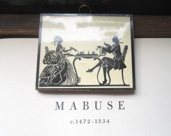 1960's Wood Plaque w Old English Silhouette Art, Couple Playing Chess, Ivory w Black