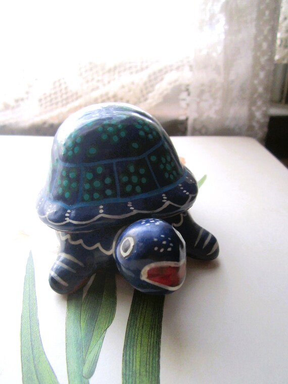 1990's Clay Turtle Box, Navy Blue w Green Hand Pai