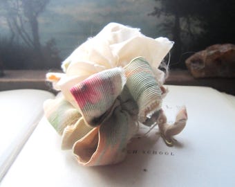 Vintage Handmade Fabric Corsage, Ribbed 1940's Fabric, Sage, Cream and Peach