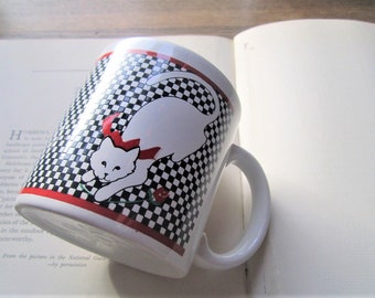 Vintage Coffee Mug, Retro Cats, Red Rose White Cats, Black / White Checker Pattern, Made in England, Retro 1980's Mug, Cat Lovers Gift  Mug