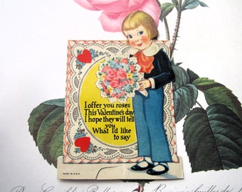 Vintage Valentine, 1930's 1940's Valentine, Colorful Off Set Printed Valentines Day Card, Page Boy Haircut, Vintage Love, Valentine Offering