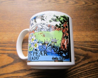 1980's Coffee Mug, Vintage Travel Souvenir Mug, Pikes Peak Colorado, 1980/90's Scenic Mountain Mug, Mountain Climbers Mug, Colorado Motif