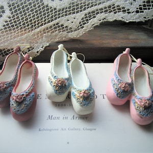 Vintage Clay Ballet Slippers, 3 Pairs of Ballerina Shoe&#39;s, 4&quot; HandPainted Ballet Shoe Decorations, Pink White, Blue Burgundy, Sweet 1980&#39;s