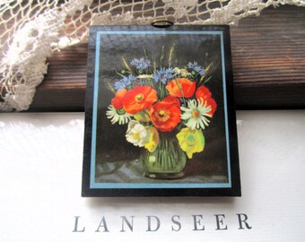 Vintage Wood Plaque, 1960's Wildflower Still Life Print, Little House Home Decor, Small Plaque, Large Doll House Art, Colorful Floral Art