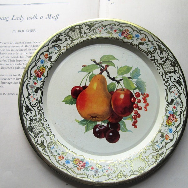 Vintage Tin Wall Plate, Tin Dish Decor, Wall hanging, Shabby Tin, Old Timey, Vtg Cottage Kitchen, 1950's Fruit Tin Plate, Culinary Art Decor