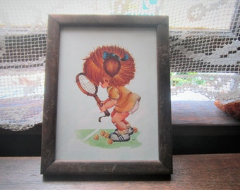 Kids Vintage Decor, 1978 Adorable Illustration by Lynn, Arthur Kaplan Co. NY, Screen Print, Girls Tennis, Sweet 70's Kids Sports, Wood Frame