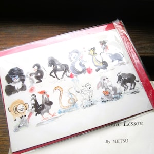 Tarjeta de felicitación del horóscopo chino vintage, arte de los animales del zodíaco, calendario, año 1913-1997... Rasgos y personalidades, ciclo de 12 años.