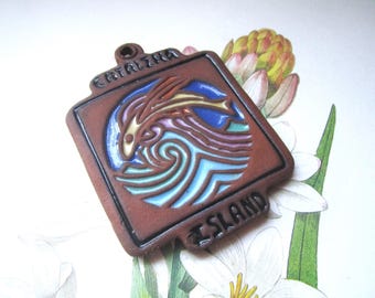 Catalina Island Ornament, Kiln Fired Earthy Tile Display, Catalina Island Souvenir, Colorful Waves w Dolphin
