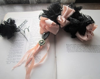Handmade Vintage Fabric Flower Corsage Handheld Black Lace Vtg Taffeta Blend Peach Torn Fabric Adornment Accessory Flower Unique Gift Topper