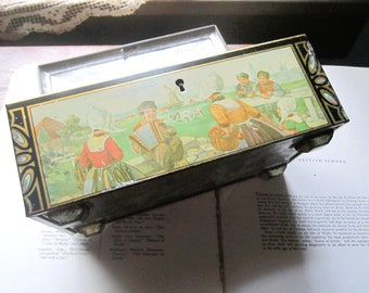 1920's 30's Tin Box, Netherlands, Dutch Holland Old Tin Art Box, Family Depiction, Traditional Colorful Storage, 8.5 x 5" Memories Letters