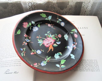 Davenport Pottery Plate 1860-1872 Chrysanthemum Floral Spray Pattern, Made in England, Matte Black, Red/Orange Trim, Rare Saucer, Blossoms