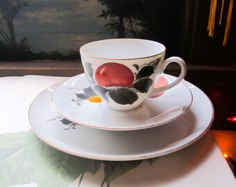 Vintage Mascot China, Single Serve, Persimmon Pattern, Teacup w Saucer and One Sandwich Plate, 961 made in Japan 1950-1959 Discontinued