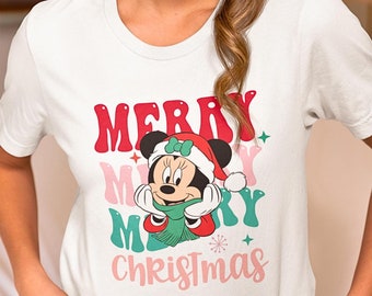 ミニーマウス メリークリスマス Tシャツ、ベリーメリークリスマスパーティー 2024 Tシャツ、クリスマスファミリーマッチングシャツ、ディズニーミッキークリスマス