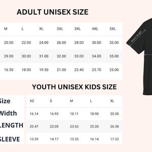 Puede incluir: Tabla de tallas para camisetas unisex en tallas de adulto y ni&ntilde;o. La tabla muestra las medidas en pulgadas para el ancho, la longitud y la longitud de la manga.