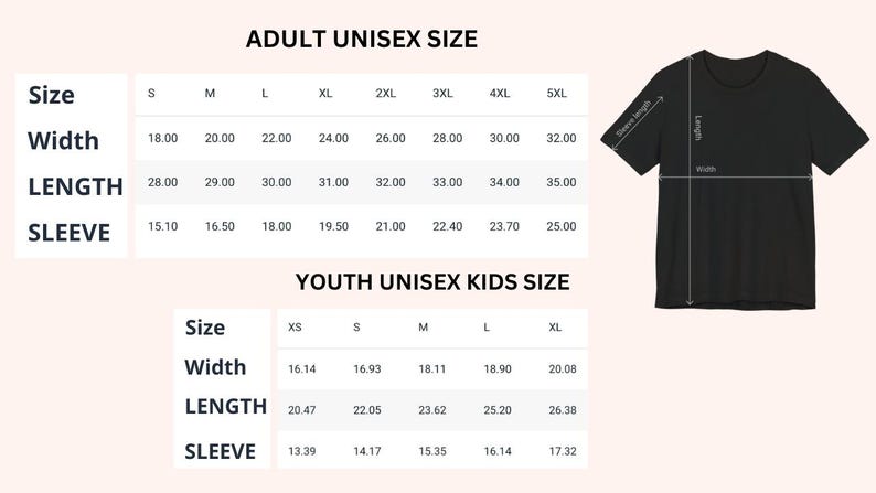 Puede incluir: Tabla de tallas para camisetas unisex en tallas de adulto y ni&ntilde;o. La tabla muestra las medidas en pulgadas para el ancho, la longitud y la longitud de la manga.