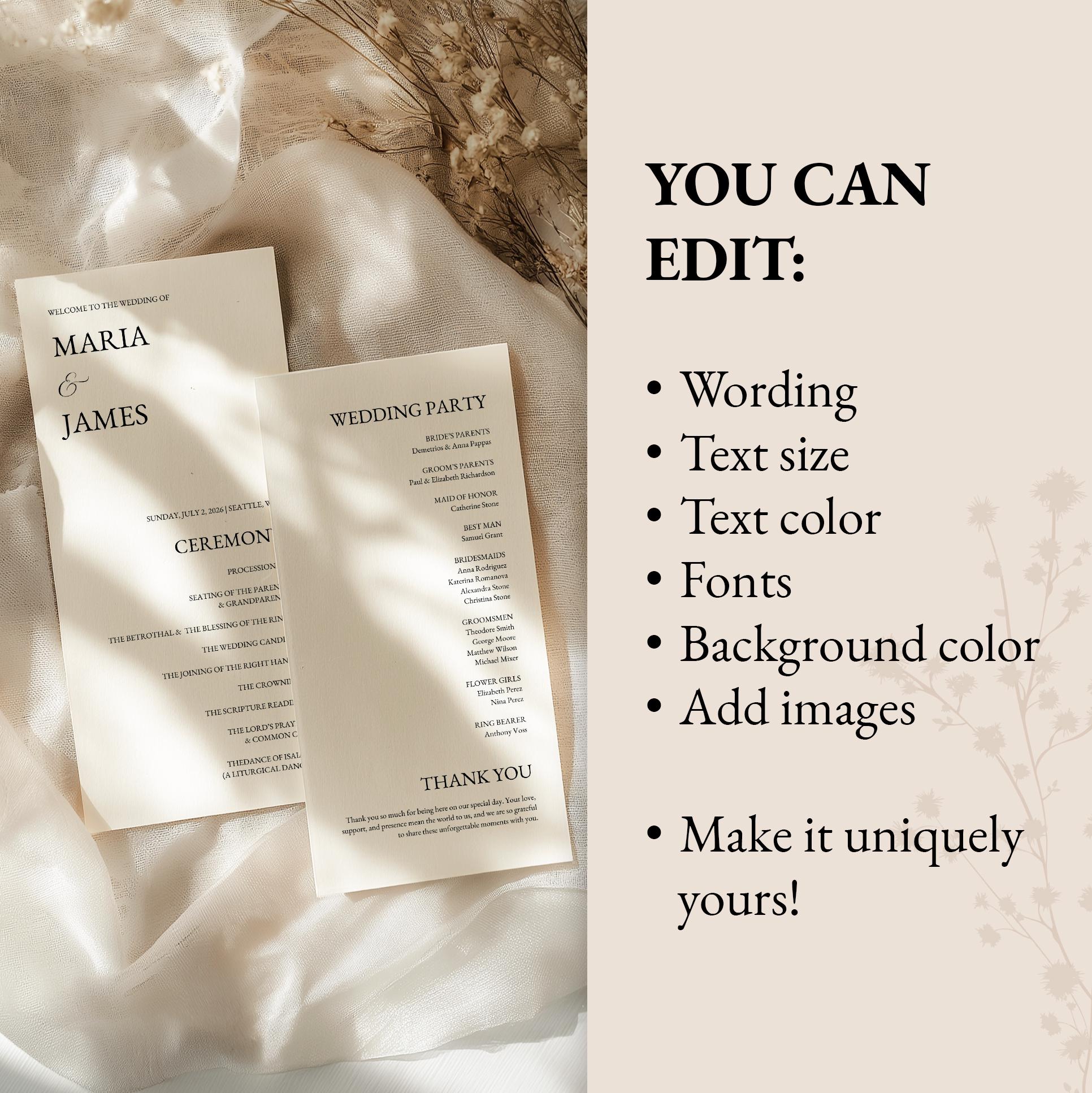 Modern Wedding Program Template, Wedding Ceremony Program Template ...