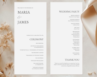 May include: A wedding ceremony program with a white background and black text. The program lists the order of events for the wedding ceremony, including the processional, seating of the parents, the betrothal, and the blessing of the rings. The program also includes the wedding party, including the bride's parents, groom's parents, maid of honor, best man, bridesmaids, groomsmen, flower girls, and ring bearer. The program ends with a thank you message to the guests.