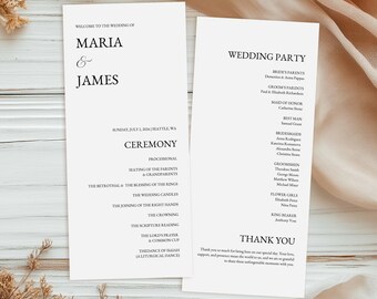 May include: Wedding ceremony program with the names Maria & James, the date Sunday, July 1, 2026, and the location Seattle, WA. The program lists the order of events for the ceremony, including the processional, seating of the parents and grandparents, the betrothal, the blessing of the rings, the wedding candles, the joining of the right hands, the crowning, the scripture reading, the Lord's prayer, a common cup, and the dance of Matah (a liturgical dance). The program also includes a list of the wedding party, including the bride's parents, groom's parents, maid of honor, best man, bridesmaids, groomsmen, flower girls, and ring bearer. The program ends with a thank you message to the guests.