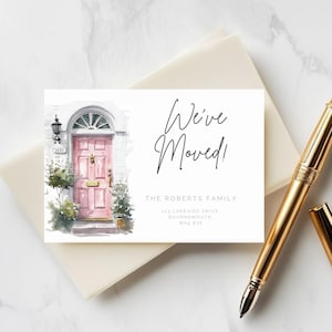 Cartão de mudança de endereço de porta da frente rosa estilo cartão postal digital download instantâneo modelo personalizado Canva nova casa nos mudamos personalizado