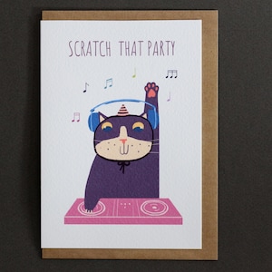 Carte d'anniversaire DJ Cat : grattez cette fête ! Chat funky avec écouteurs et chapeau de fête Carte de voeux d'anniversaire pour amateurs de musique Carte d'anniversaire drôle chat