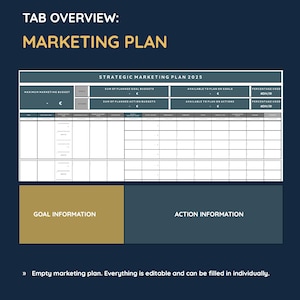 May include: A marketing plan template with a blue and gold color scheme. The template includes sections for goal information, action information, and budget planning. The text "TAB OVERVIEW: MARKETING PLAN" is at the top of the template.