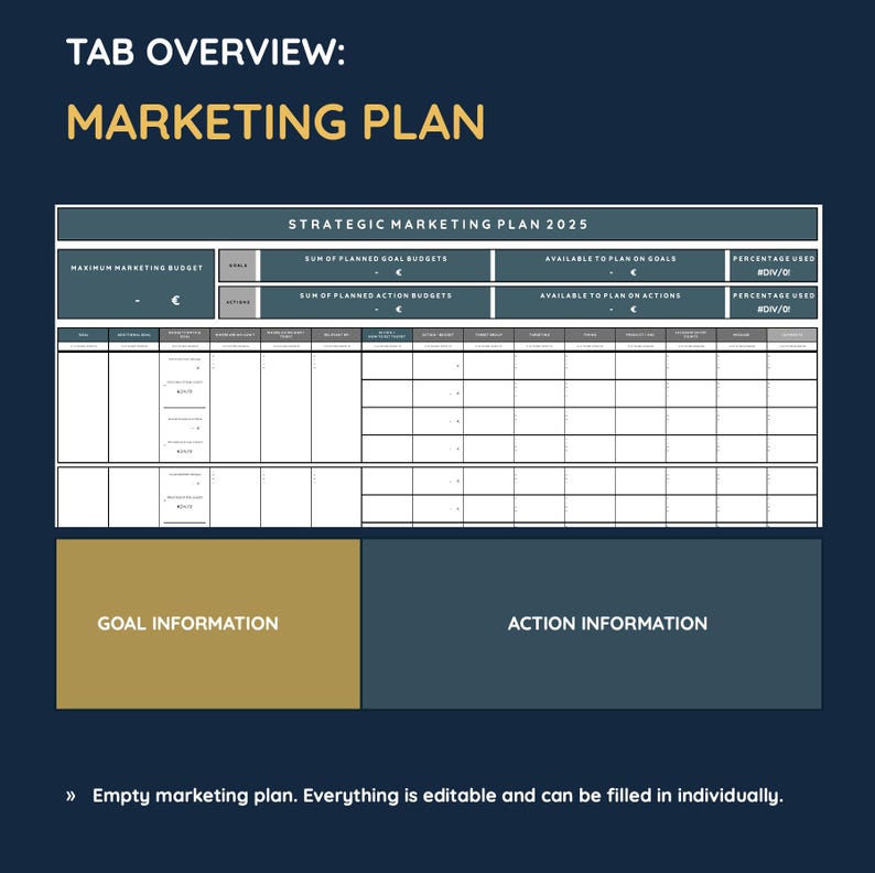 May include: A marketing plan template with a blue and gold color scheme. The template includes sections for goal information, action information, and budget planning. The text "TAB OVERVIEW: MARKETING PLAN" is at the top of the template.