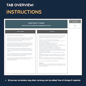 May include: A worksheet with instructions for creating an annual marketing and branding plan. The worksheet includes sections for setting goals, defining target groups, and allocating budget. The worksheet also includes a section for picking a currency. The text "Pick Your Currency" is displayed in a box with a euro symbol.