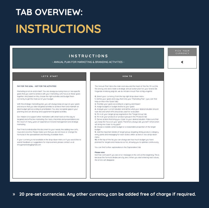May include: A worksheet with instructions for creating an annual marketing and branding plan. The worksheet includes sections for setting goals, defining target groups, and allocating budget. The worksheet also includes a section for picking a currency. The text "Pick Your Currency" is displayed in a box with a euro symbol.