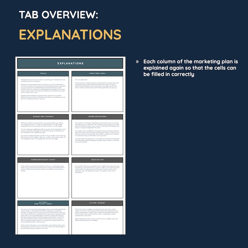 May include: A black and white graphic with the text "TAB OVERVIEW: EXPLANATIONS" at the top. The graphic is divided into four rows and two columns. Each cell contains text explaining different aspects of a marketing plan. The text in the graphic is "EXPLANATIONS", "GROUP", "ADDITIONAL INFO", "BUDGET FOR THE PERIOD", "WORDS ARE WE MIGHT", "MINDSET REWARD TARGET", "RELEVANT BY", "HOW FAST THINGS", "ACTION BUDGET".