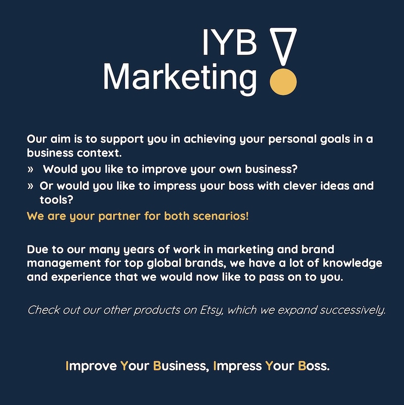 May include: A blue and yellow graphic with the text "IYB Marketing" and the tagline "Improve Your Business, Impress Your Boss." The text describes marketing services for businesses.