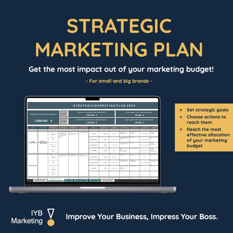 May include: A laptop computer screen displaying a strategic marketing plan template. The template is a spreadsheet with columns for planned actions, budget, and other metrics. The text "Strategic Marketing Plan 2025" is at the top of the spreadsheet. The text "Get the most impact out of your marketing budget!" is displayed above the laptop. The text "For small and big brands" is displayed below the laptop. The text "Improve Your Business, Impress Your Boss." is displayed below the laptop.