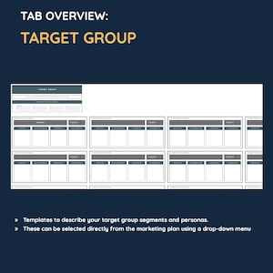May include: A blank template for creating a target group overview. The template includes sections for target group segments, personas, priorities, and products. The text "TAB OVERVIEW: TARGET GROUP" is at the top of the page.