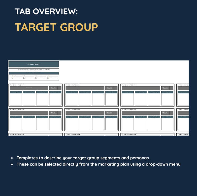 May include: A blank template for creating a target group overview. The template includes sections for target group segments, personas, priorities, and products. The text "TAB OVERVIEW: TARGET GROUP" is at the top of the page.