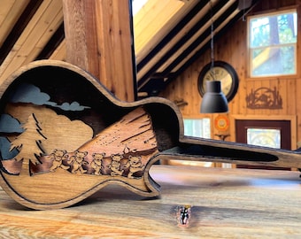 Guitarra de madera en 3D: Osos bailarines en Red Rocks, arte inspirado en Grateful Dead.
